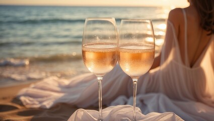Obraz premium Sunset or sunrise beach gathering with two unrecognizable girls in long white dresses barefoot on the sandy ocean shore. Wine glasses set on the ground with reflections of the sun.