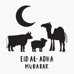 Eid Al-Adha Mubarak. Silhouettes of animals - cow, sheep, camel. Hand drawn illustration.