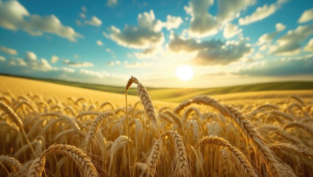 Backdrop of maturing wheat ears in a cloudy sky setting.