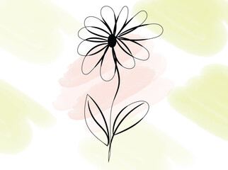 Simple Line Art Flower on Watercolor Background Pastel Colors