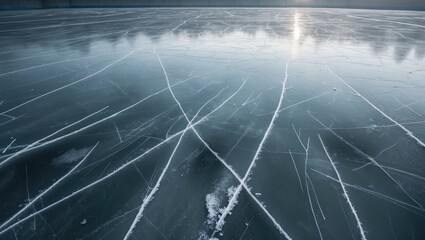 Ice Hockey Rink Surface with Textured Marks and Frozen Blue Background