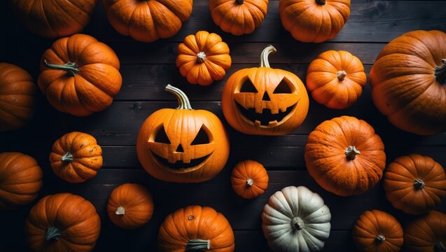 Top view of decorated pumpkins for Halloween on wooden surface, flat lay