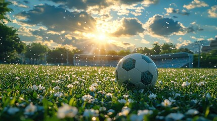 A soccer ball resting on the green grass in front of a stadium, with a blurred background, bathed in warm sunlight and sun rays under a cloudy sky during daylight. 