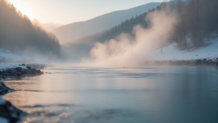 Obraz premium Soft Light Over Serene River in Snowy Landscape at Dawn with Blurred Background
