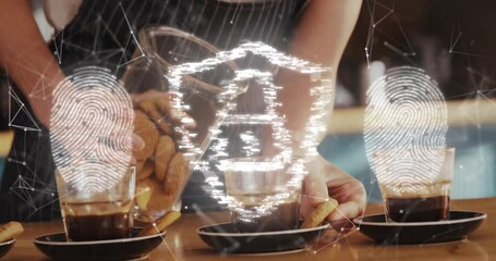 Barista arranging cookie beside espresso, showing fingerprint icons and glitchy home network tech - Powered by Adobe