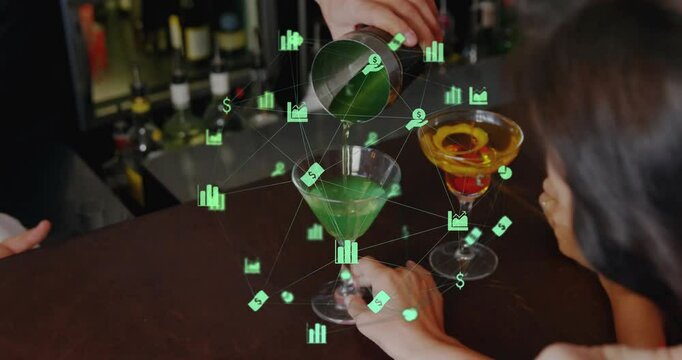 Bartender pouring cocktail at bar, customer holding glass, showing charts and dollars for finance