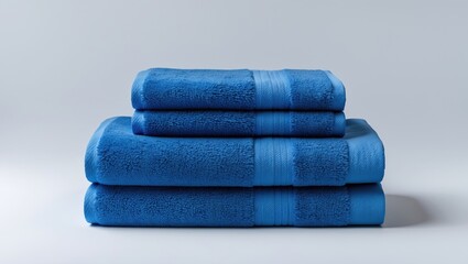 Blue Bath and Hand Towels with Folded Textile Design Isolated on Background
