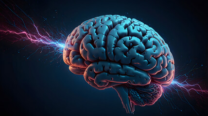 View of a human brain, Overall atmosphere is energetic, futuristic, and evokes a sense of scientific wonder.