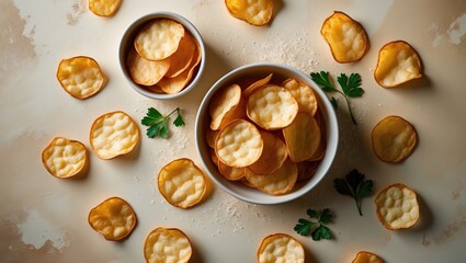 Crispy homemade potato chips in bowls, top view with salt and spices