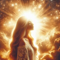 Woman bathed in golden light stands against sparkling clouds.