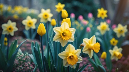 Fototapeta premium Bright yellow daffodil bouquet in a spring garden