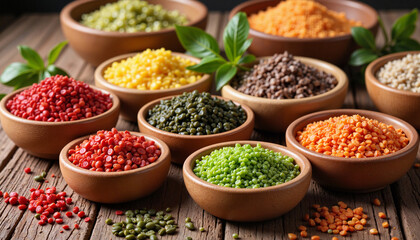Colorful lentils arranged in bowls on a wooden table  