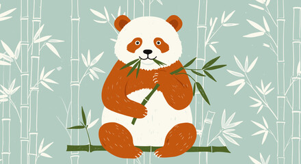 Cute panda bear eating bamboo leaves in a bamboo forest illustration