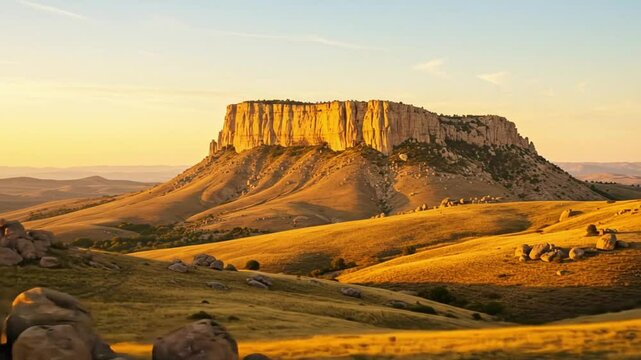 Majestic mesa rock formation glowing in golden sunrise or sunset light. Aerial panoramic landscape view