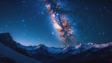Milky Way galaxy over mountains with stars and cosmic dust, long exposure shot, night landscape featuring a colorful, star-filled sky with hills, stunning, space backdrop.