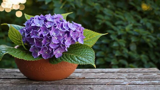 Vibrant Purple Hydrangea Blooming in Decorative Pot