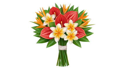 vibrant bouquet illustration featuring tropical flowers, including red anthuriums, white plumerias, and orange heliconias, exuding cheerful and lively atmosphere