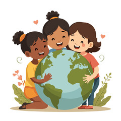 Three happy children hugging the Earth against a floral background  Children's Day