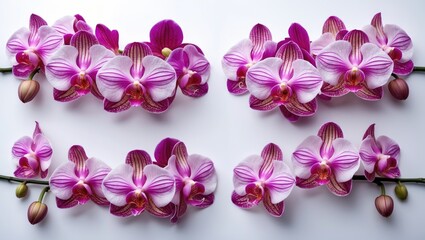 Set of cut out pink old rose and vanda orchid stem isolated on white background