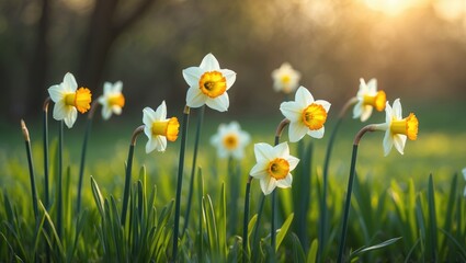 Obraz premium Sunlit yellow daffodils on long stems in a spring landscape