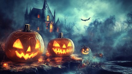 Fototapeta premium Carved Pumpkins Glow Eerily Before a Gothic Mansion in a Spooky Halloween Scene