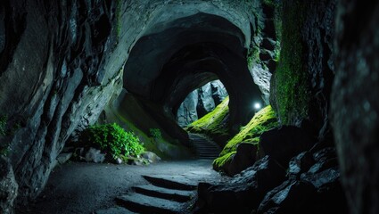Focused view of basaltic tunnel ceiling within volcanic cave featuring stone walls and lush green plants