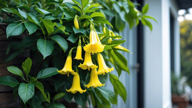 Colorful yellow angel's trumpet flowers paired with lush green leaves on a white background