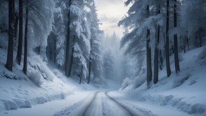 Obraz premium Christmas travel through a snow-covered winding forest road