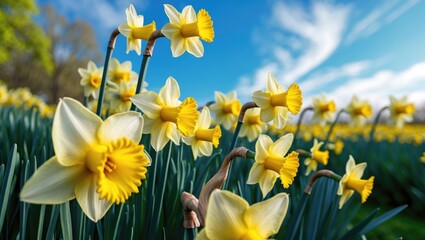 Fototapeta premium Close-up view from below of yellow daffodil flowers against a blue sky