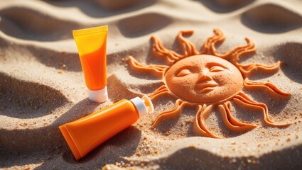 Sunscreen containers in orange hues alongside a sun sketch on the beach, promoting skin care and protection in summer.