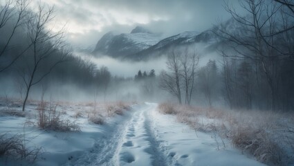 Fototapeta premium Winter landscape along snowy forest trail