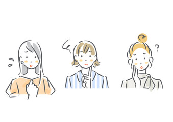 悩み事を抱える女性のアバターセット　シンプルでお洒落な水彩風イラスト