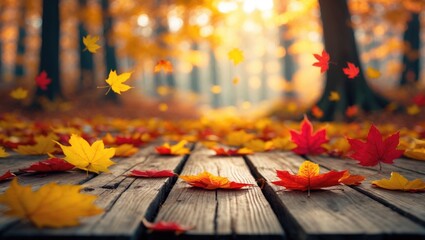 Yellow and red autumn leaves on a wooden floor, with a blurred natural background featuring trees in a forest.