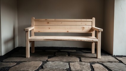 Wooden chair or bench positioned against a backdrop