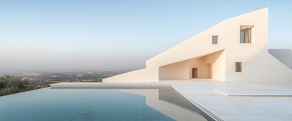 Fototapeta premium Modern minimalist house with an infinity pool overlooks landscape. Soft light ambiance