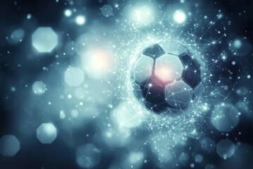 Fototapeta premium Football championship light background. Vector illustration of abstract glowing neon colored soccer ball and hexagon grid pattern over blue background 