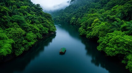 Serene River Flowing Through Lush Greenery in a Tranquil Natural Landscape