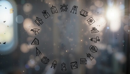 Creative celebration icons modern urban setting digital illustration festive atmosphere circular arrangement holiday concept