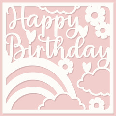 Vector happy birthday card. Layered paper cut Flowers and Butterflies. Paper cut out design. Shadow box style. 3D design