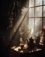 Steaming Teacup and Pot on Wooden Table by Rain Streaked Window in Dark Room
