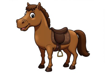 Cartoon illustration of a brown horse with a saddle isolated on white background