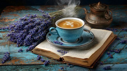Aromatic Lavender Steaming Coffee Antique Book Cozy Still Life Photography