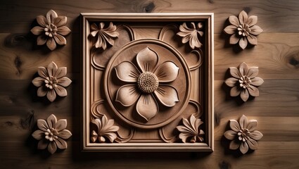 Beautiful wood carving with floral design on wooden square background