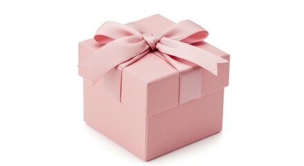 Pink gift box with ribbon bow on white background