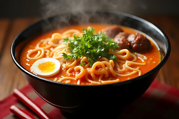 Closeup food photograph menu design Japanese noodle or ramen tradition food for advertise. traditional, tradition food, noodles, culture, culture food, beef, vegetable, smoke, smoked .