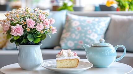 Pastel Pink Flowers Cake Slice Teapot and Soft Decor on Table