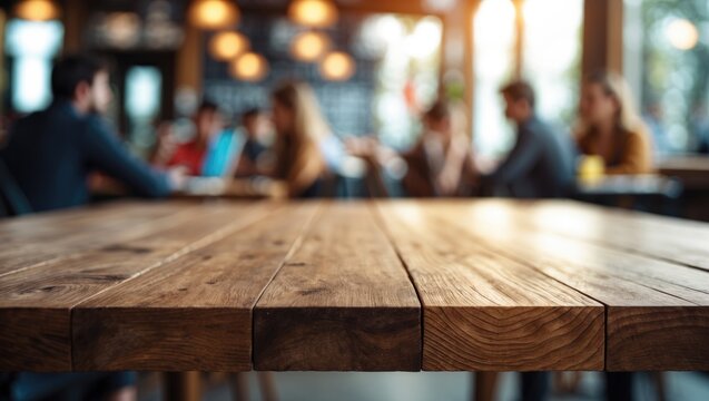 Wooden table surface with blurred background for product display or design layout in a coffee shop setting