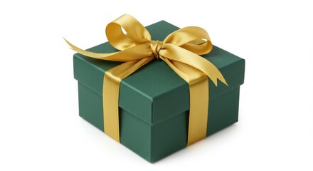 Fototapeta premium Green gift box with gold ribbon on white background