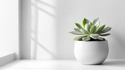 Green Succulent in White Pot on White Background