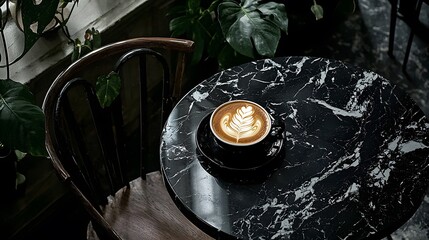 Latte Art Coffee in Black Marble Cafe Setting with Plants